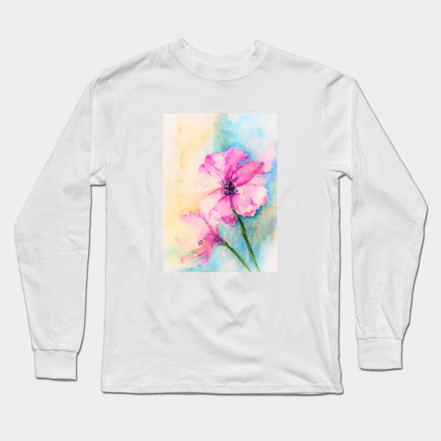 Pink Flowers Watercolor Abstract Long Sleeve T-Shirt by Tstafford